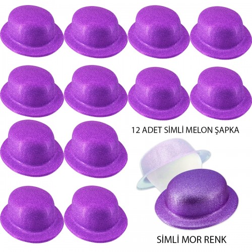 Mor Renk Simli Melon Yuvarlak Parti Şapkası 12 Adet Mor Renk Simli Melon Yuvarlak Parti Şapkası 12 Adet