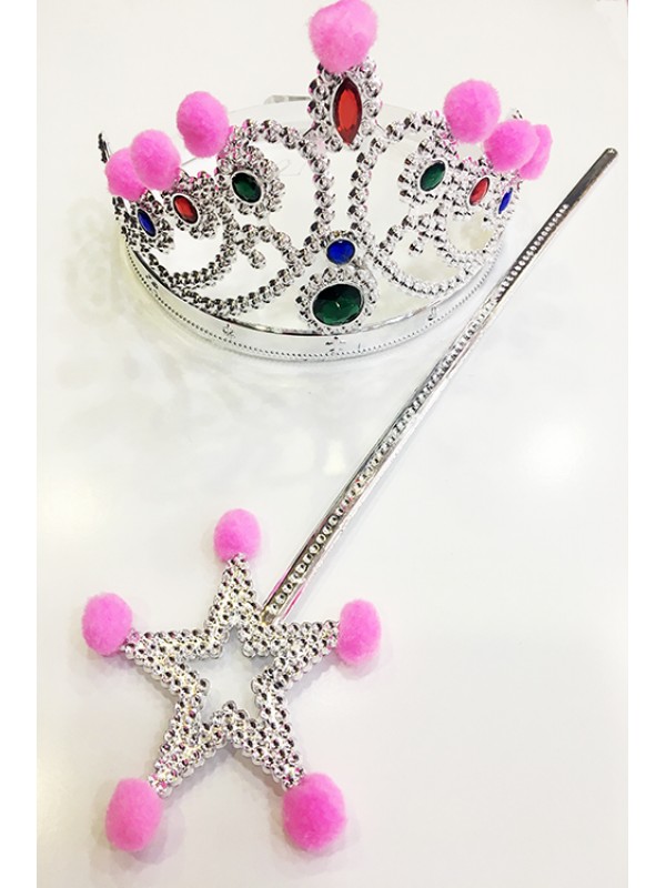 Pembe Ponponlu Gümüş Renk Prenses Tacı ve Gümüş Renk Prenses Asası&hellip;
