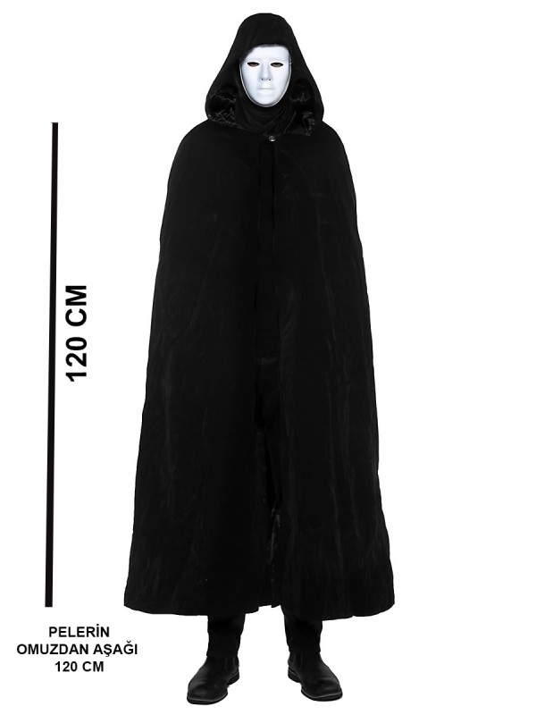 Siyah Kapüşonlu 120 cm Pelerin ve Beyaz Boyanabilir Tam Yüz Maske&hellip;