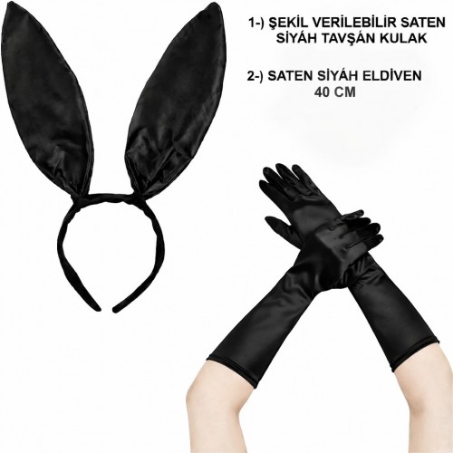 Siyah Parlak Tavşan Kulak ve 40 cm Parlak Siyah Eldiven Kostüm Seti