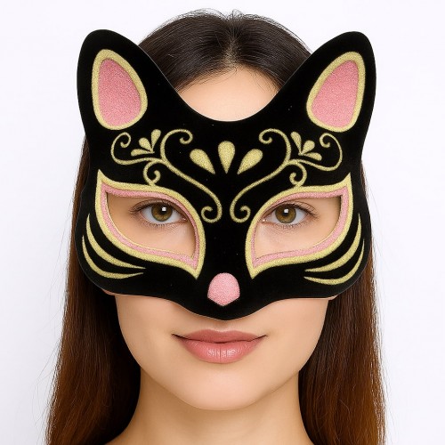 Siyah Renk Süet Kaplama Üzeri Pembe Sarı Simli Kedi Maskesi 17x14 cm Siyah Renk Süet Kaplama Üzeri Pembe Sarı Simli Kedi Maskesi 17x14 cm