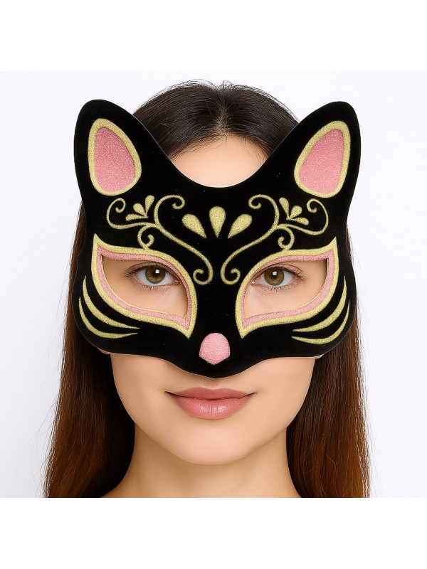 Siyah Renk Süet Kaplama Üzeri Pembe Sarı Simli Kedi Maskesi 17x14 cm… Siyah Renk Süet Kaplama Üzeri Pembe Sarı Simli Kedi Maskesi 17x14 cm…
