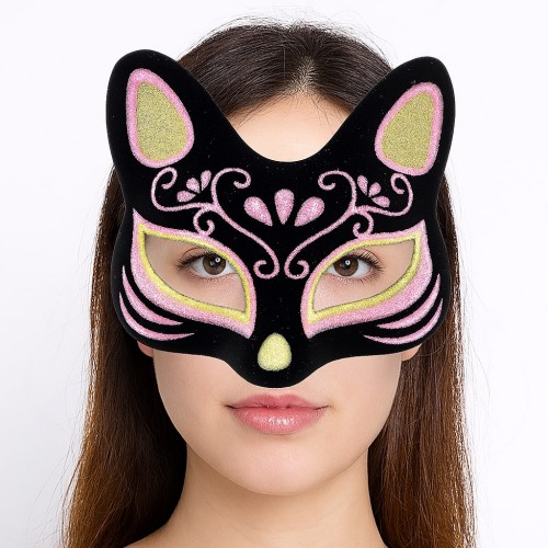 Siyah Renk Süet Kaplama Üzeri Sarı Pembe Simli Kedi Maskesi 17x14 cm Siyah Renk Süet Kaplama Üzeri Sarı Pembe Simli Kedi Maskesi 17x14 cm
