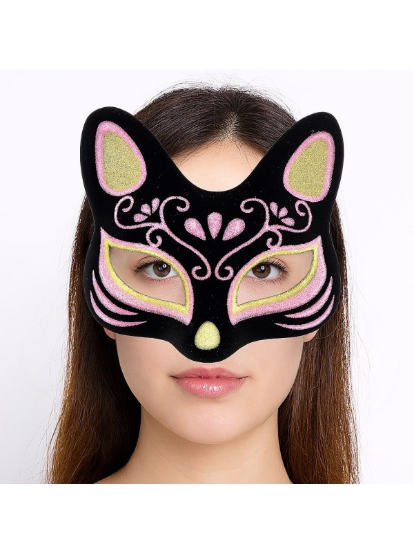 Siyah Renk Süet Kaplama Üzeri Sarı Pembe Simli Kedi Maskesi 17x14 cm… Siyah Renk Süet Kaplama Üzeri Sarı Pembe Simli Kedi Maskesi 17x14 cm…