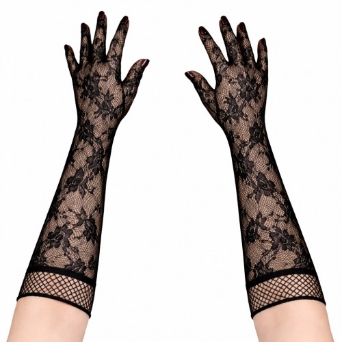 Siyah Uzun Gül Desenli Dantel Kadın Eldiveni