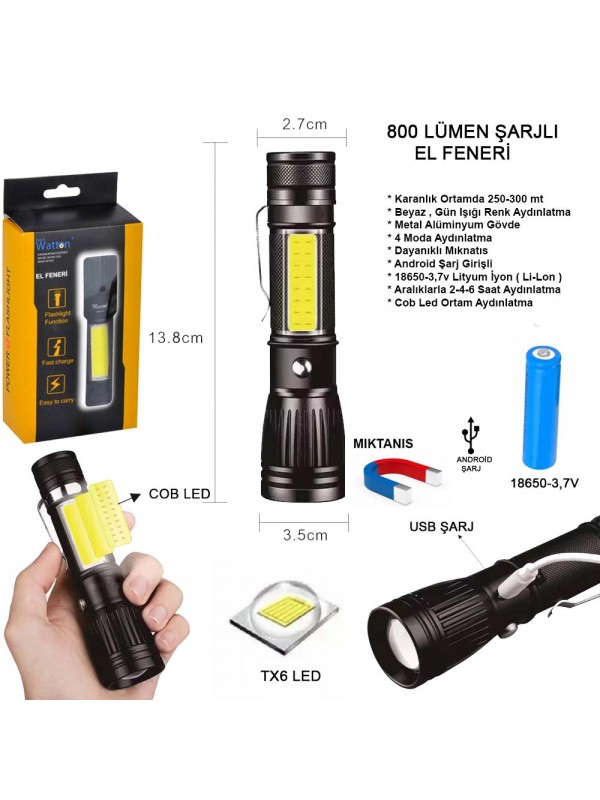Uzun Menzilli EL Feneri Mıknatıslı Watton Wt-602&hellip;