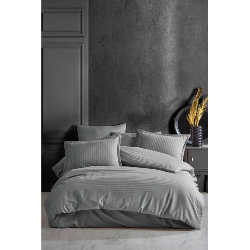 Çizgili Saten Nev Takımı Çift Kişilik Gri