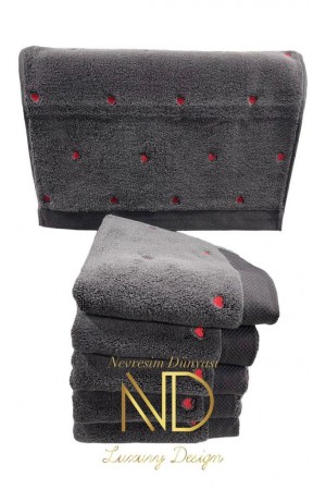 Lubow Love Koyu Gri Kırmızı Nakışlı 70x140 6'lı Havlu Seti&hellip;