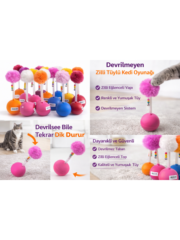 Dev Hacıyatmaz Devrilmeyen Kedi Oyuncağı XXL 33 CM Tüylü Zilli Oyunca&hellip;