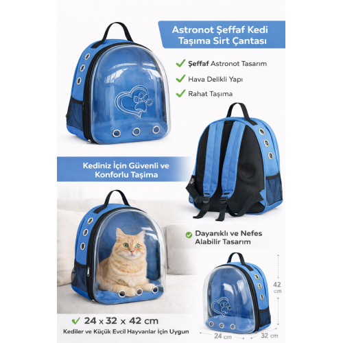 KP Kalpli Patili Astronot Şeffaf Taşıma Sırt Çantası Mavi 24x32x42 cm
